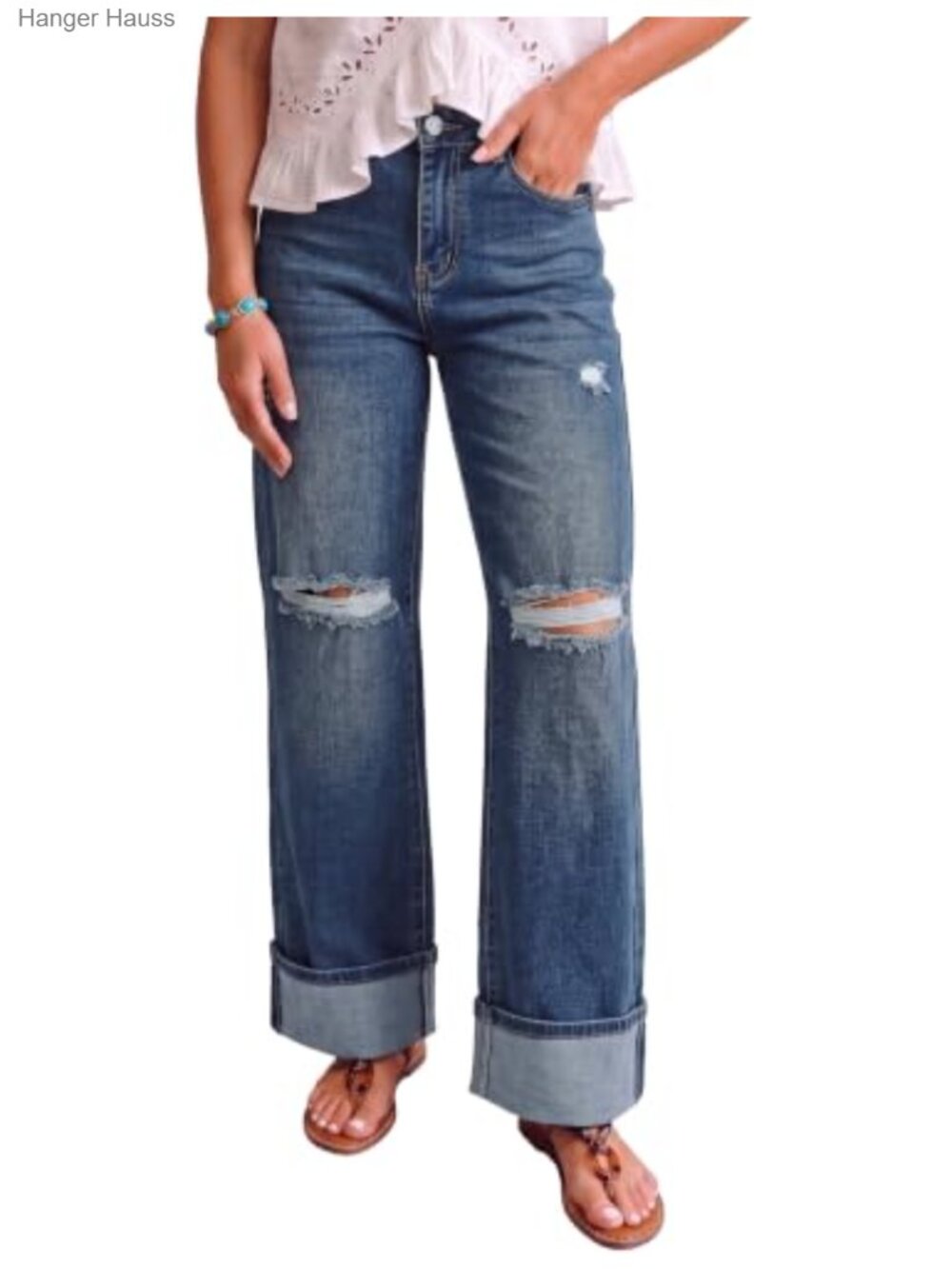 Wide Leg High Waisted Ripped Stretchy Denim Jeans